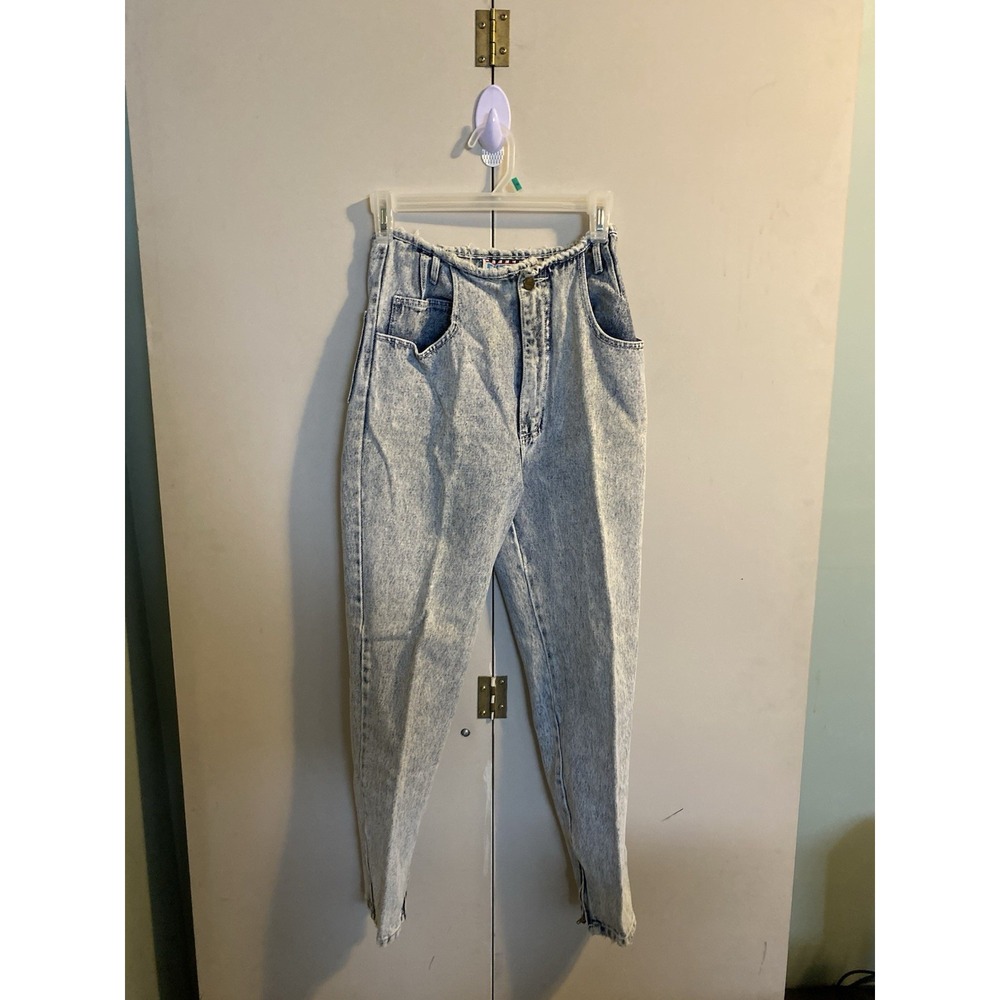 80s Extra Blues Acid Wash Jeans High Waisted Pleated Tapered Ankle Zip Womens 7